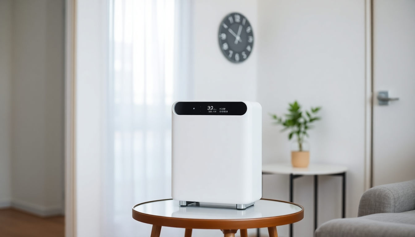 작은 원룸 공간에 놓인 콤팩트한 공기청정기로 공간 활용과 현대적인 디자인을 보여주는 모습