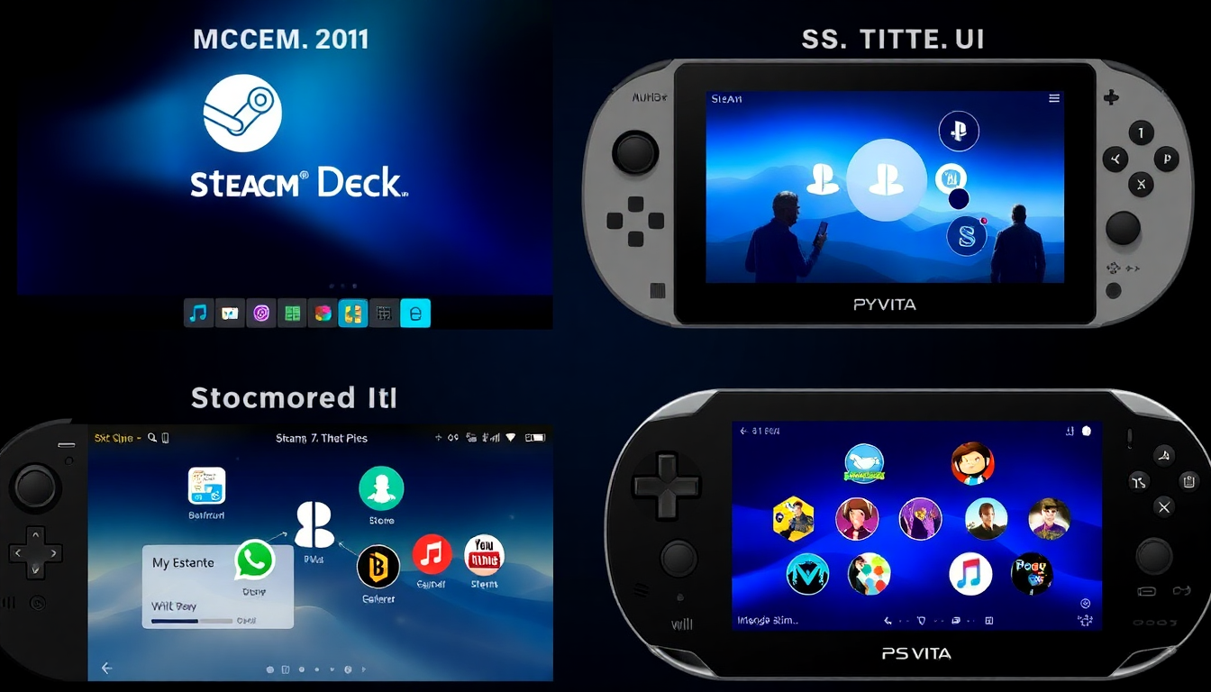 스팀 덱, 닌텐도 스위치, PS 비타의 운영체제 및 사용자 인터페이스 화면 비교