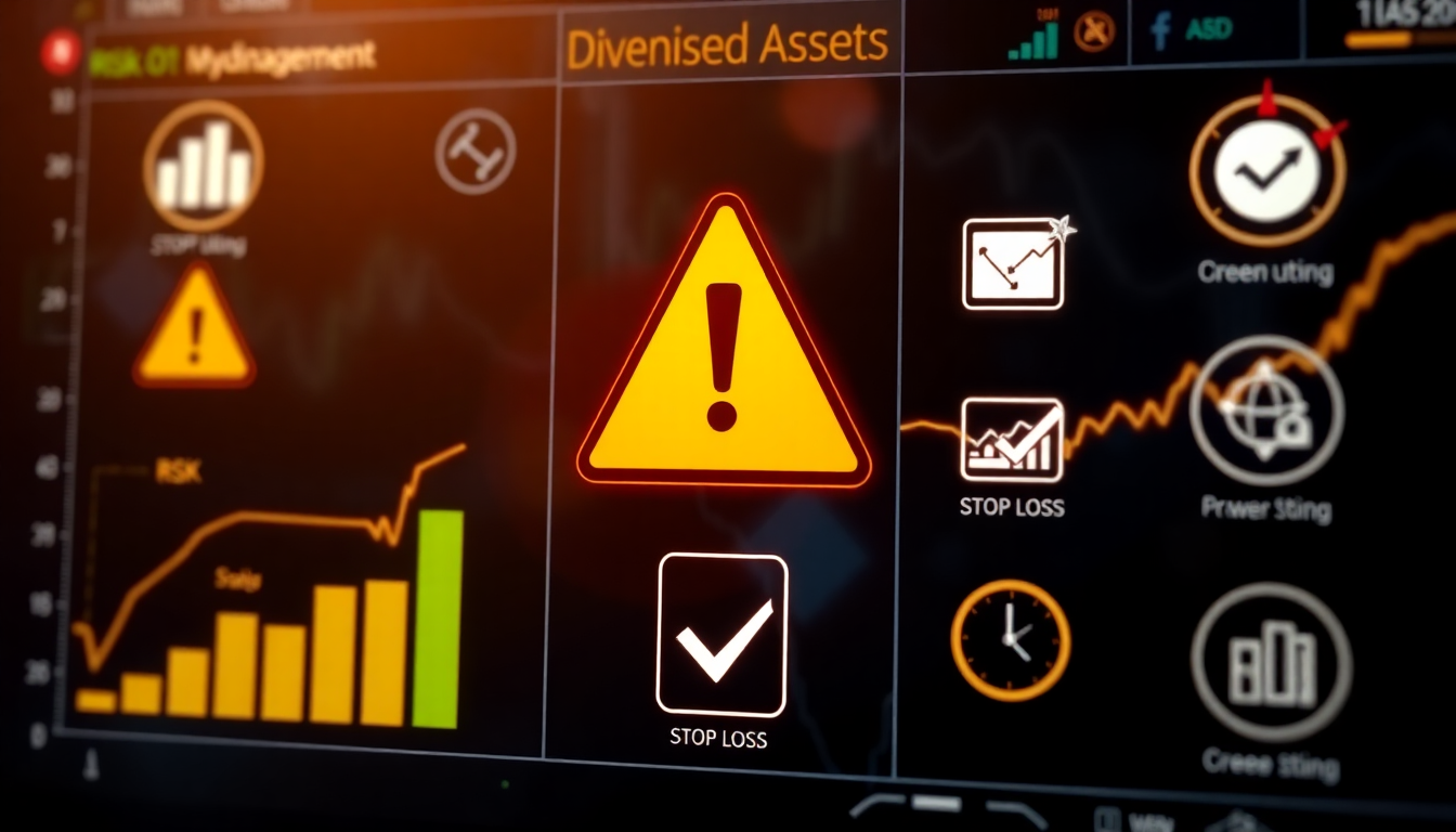 다양한 자산 분산과 손절매, 체크리스트, 모니터링 아이콘을 포함한 리스크 관리 및 투자 주의사항 콘셉트 이미지