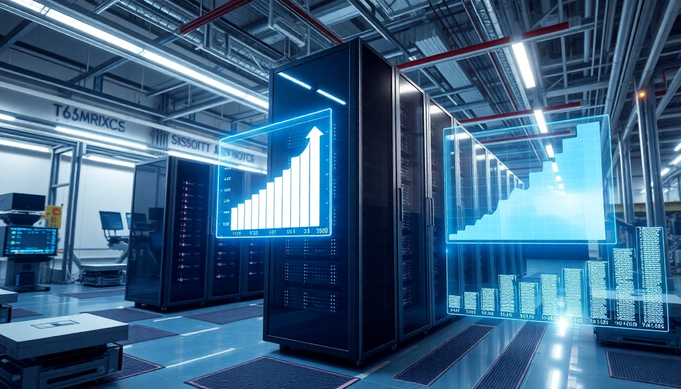 최첨단 AI 데이터센터 서버와 고대역폭 메모리 모듈이 있는 반도체 제조 시설