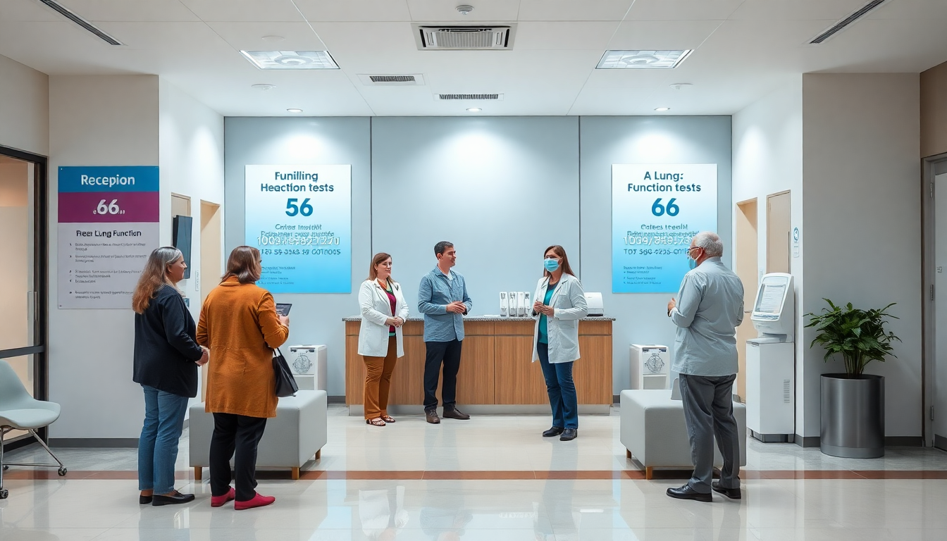 56세 및 66세 대상 폐기능검사 안내와 의료진이 중년 환자에게 검진 절차를 설명하는 병원 접수처 모습