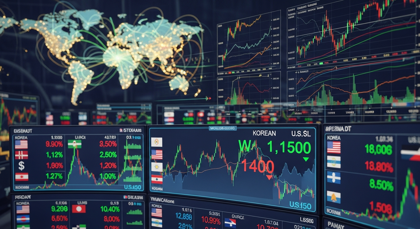 글로벌 금융 시장과 금리 차에 따른 환율 변동을 시각화한 이미지