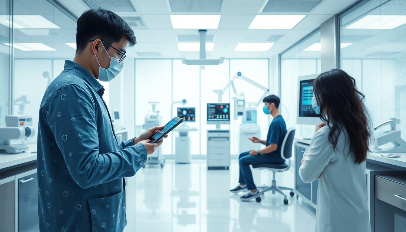 한국의 디지털헬스케어 주요 기업과 웨어러블, AI 물리치료, 스마트 의료기기를 보여주는 현대적 의료 환경 사진