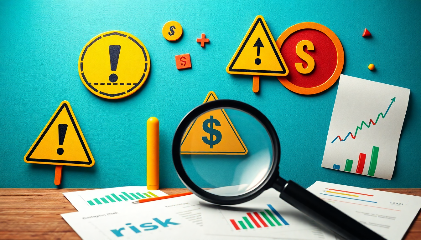 배당 투자에서 위험 관리를 나타내는 경고 표지, 방패, 금융 리스크 차트와 배당주 분석 문서를 보는 돋보기