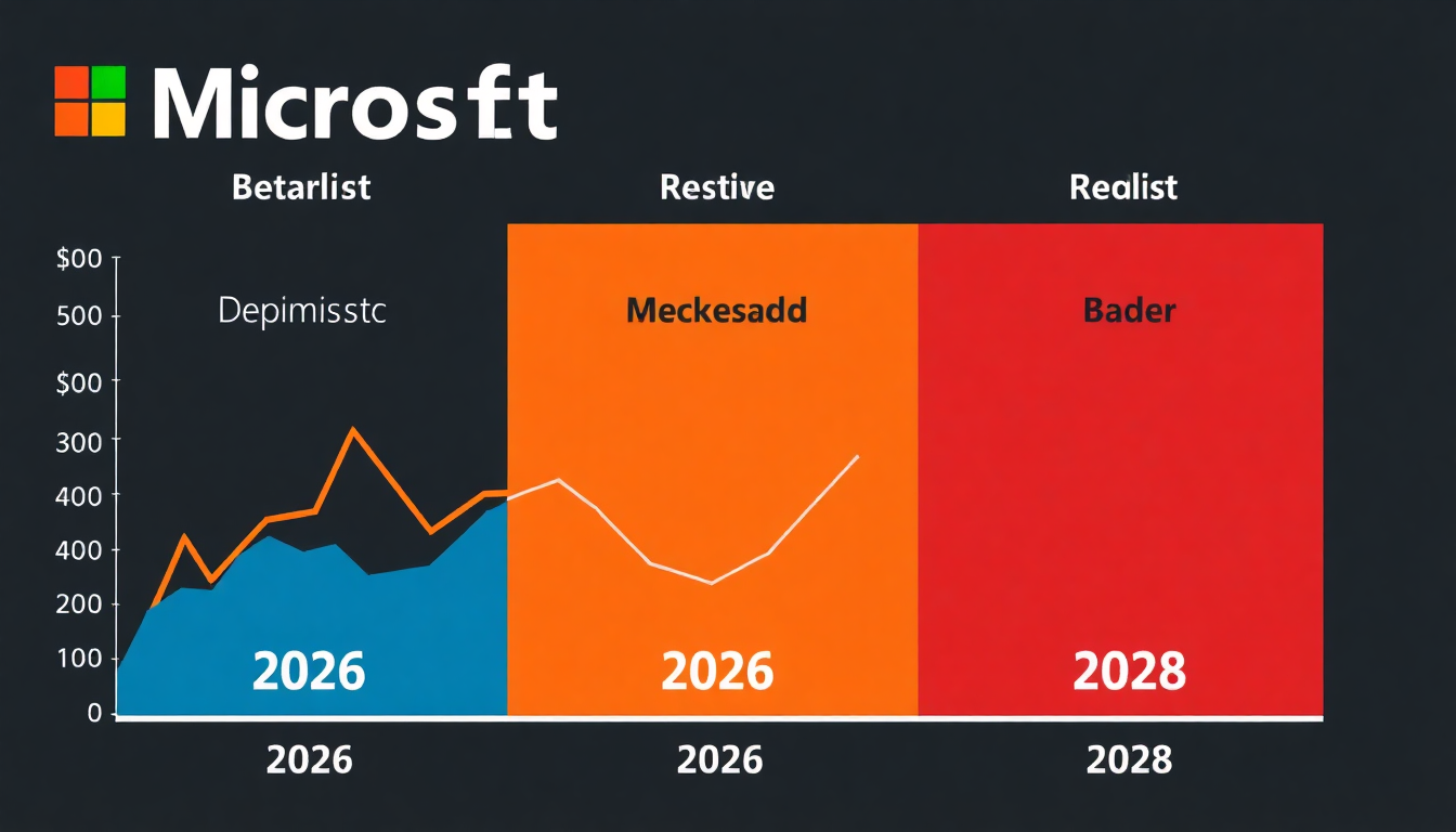 2026년부터 2028년까지 마이크로소프트 주가의 낙관적, 기본적, 보수적 시나리오 차트