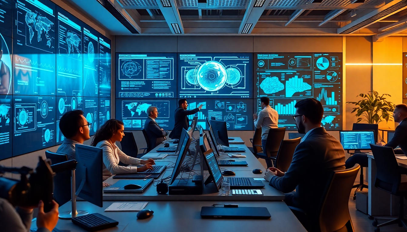 2026년 다양한 전문가들이 AI 실습 프로젝트를 협업하는 미래형 사무실 환경