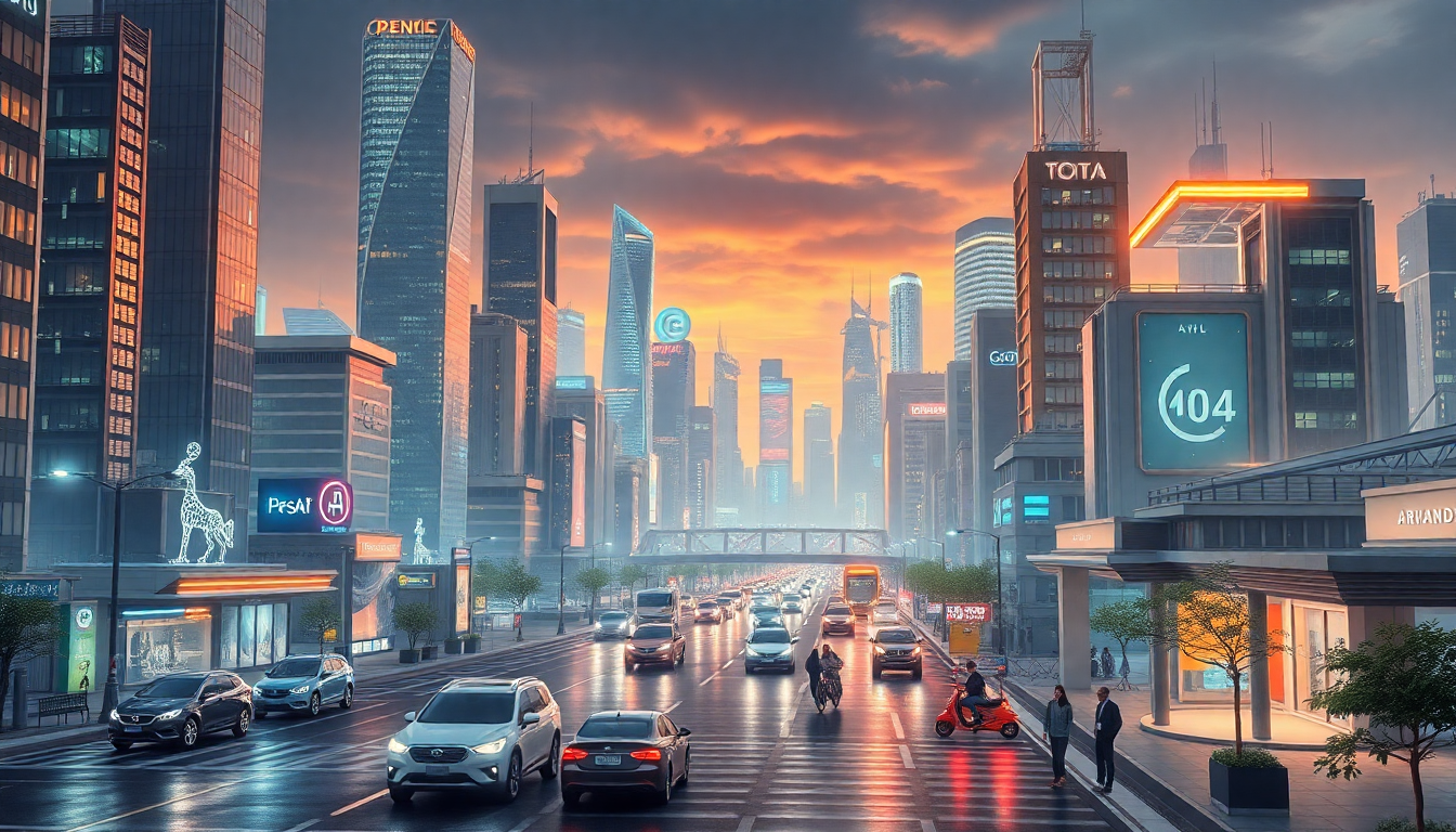 2050년 첨단 AI 기술이 일상에 융합된 미래 도시 전경