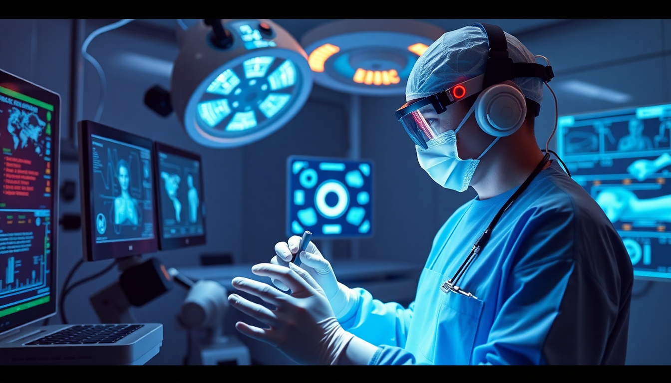 6G 통신 기반 원격수술과 메타버스 의료, 디지털 트윈 시뮬레이션을 보여주는 미래 의료 기술 이미지
