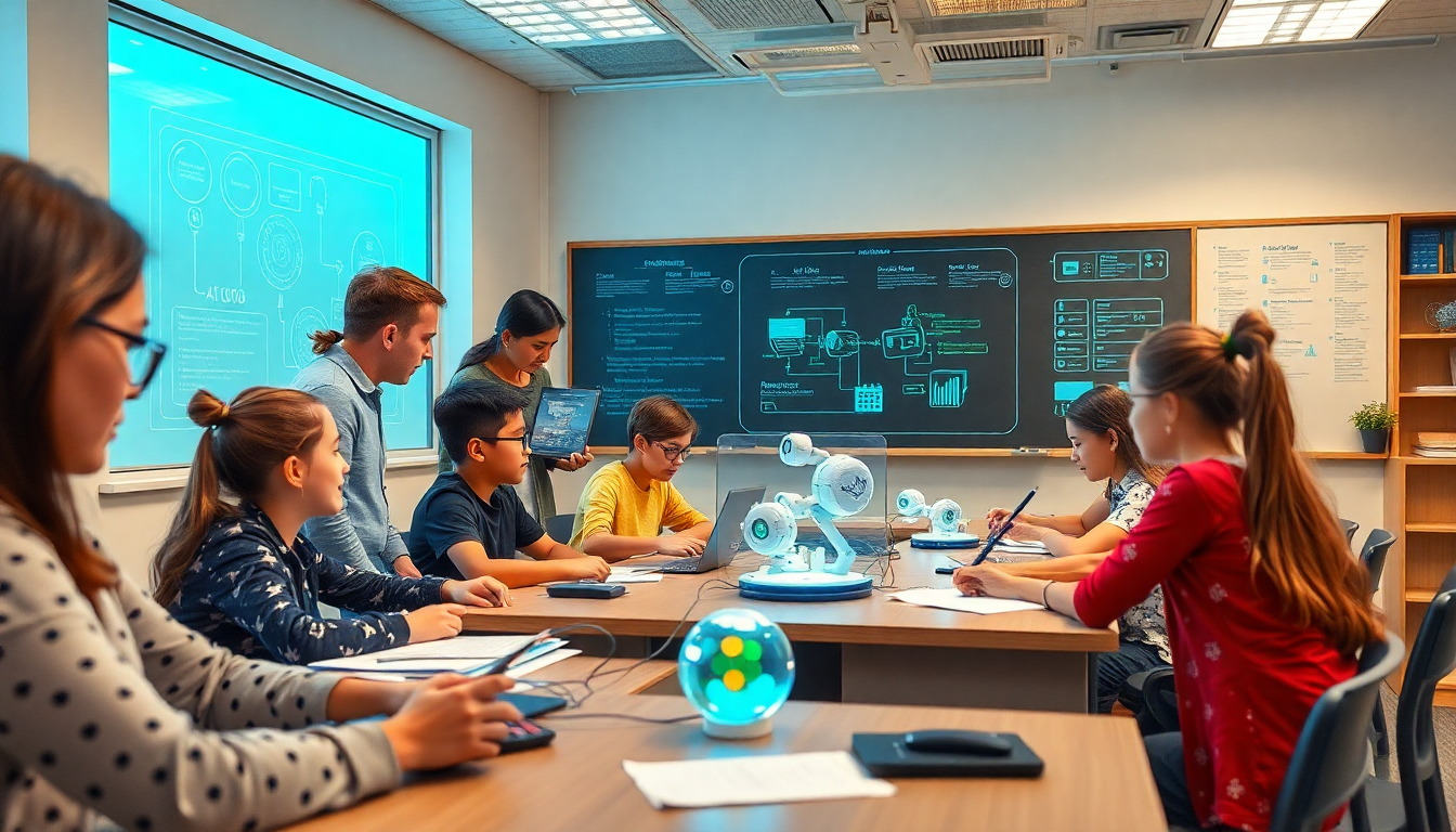AI 도구와 창의적 문제 해결 학습에 참여하는 학생과 교사가 있는 교육 현장