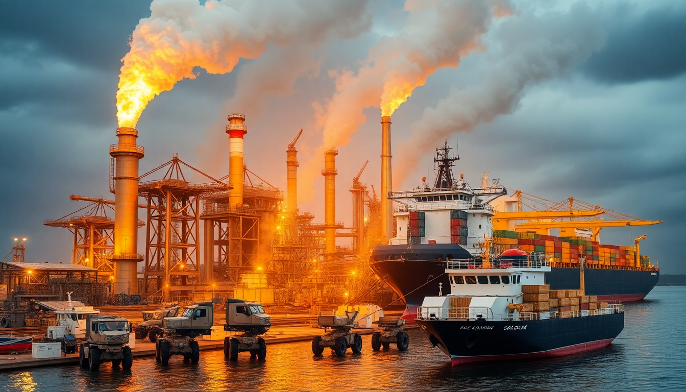 에너지, 방산, 해운, 금 관련 업종을 상징하는 정유공장, 군사 차량, 화물선, 금괴의 합성 이미지