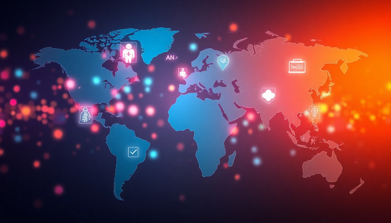 급격히 성장하는 글로벌 디지털헬스케어 시장과 인공지능, 빅데이터, 웨어러블, 원격 의료 기술을 상징하는 세계 지도
