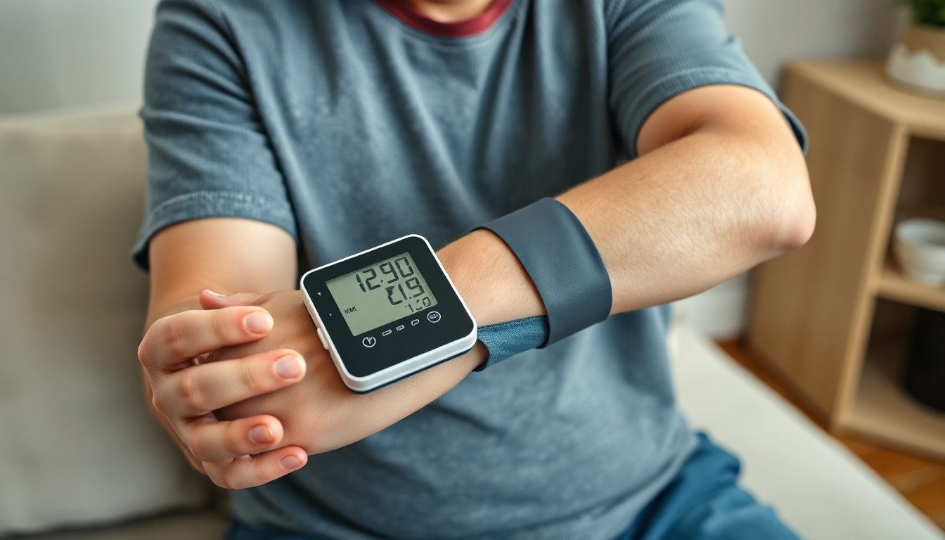 가정에서 디지털 혈압계로 혈압을 측정하는 50대 사람