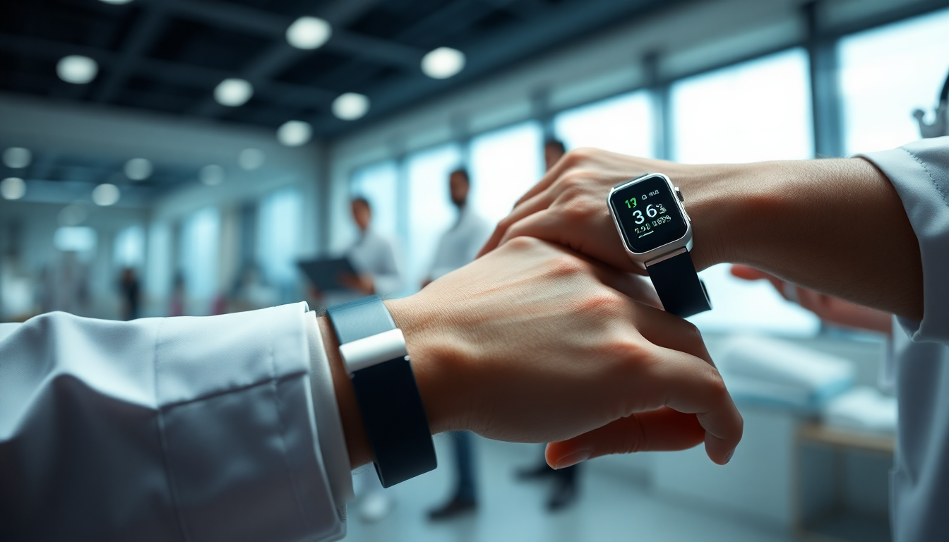 원격모니터링에 사용되는 웨어러블 헬스 센서들이 환자의 생체 데이터를 수집하는 모습