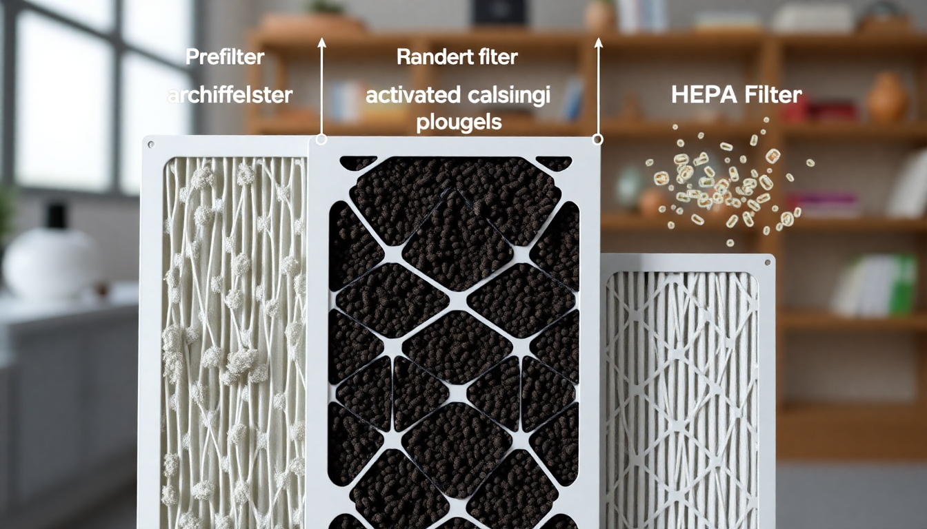 프리필터, 탈취필터, 헤파필터가 순서대로 배치되어 각 필터의 역할을 시각적으로 설명하는 이미지