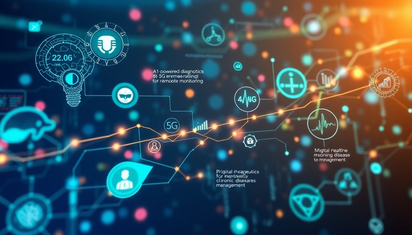 미래 디지털헬스케어 기술과 투자 기회인 AI 진단, 5G 원격 모니터링, 개인 맞춤형 의료, 정신건강 및 만성질환 디지털 치료제를 보여주는 이미지