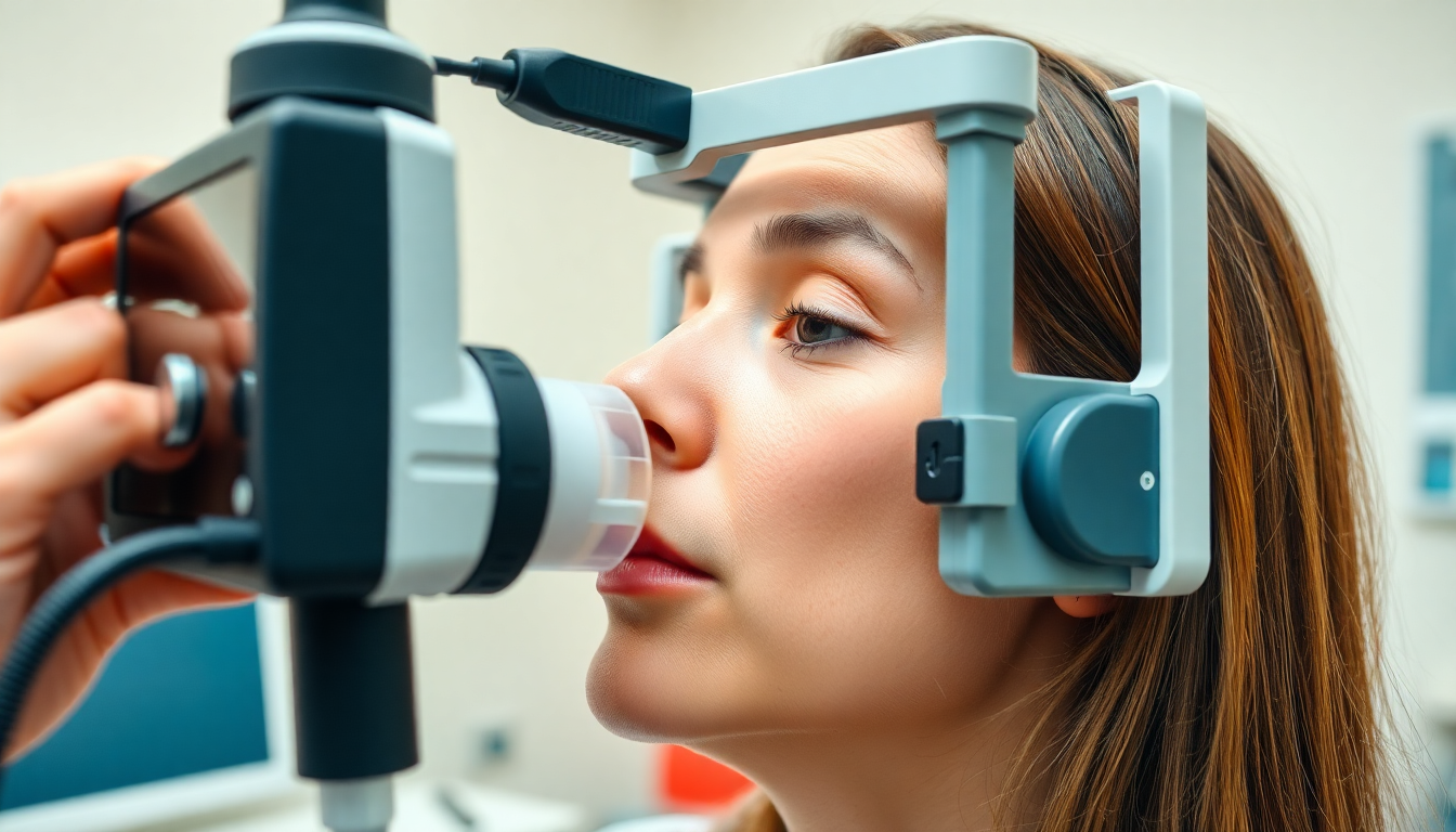 폐활량 측정기 사용 중인 환자가 숨을 최대한 내쉬는 모습의 자세한 임상 환경 사진