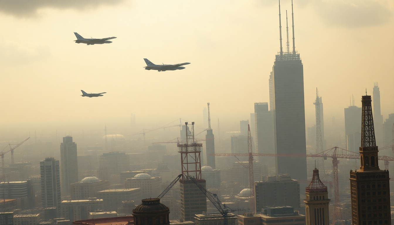 중동 도시 스카이라인과 군용 항공기, 에너지 인프라를 보여주는 지정학적 긴장의 모습
