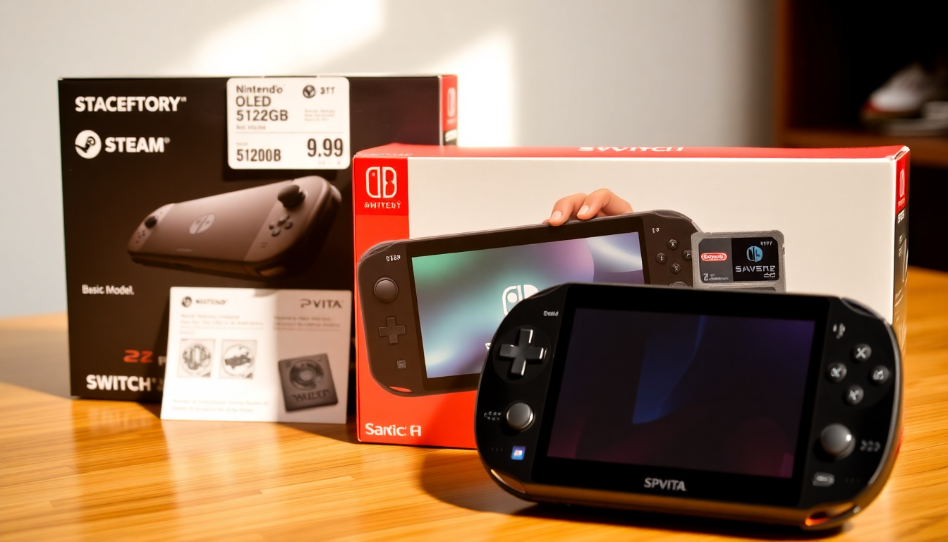 스팀 덱 OLED, 닌텐도 스위치2 기본 모델, 중고 PS 비타 가격 및 구매 이미지
