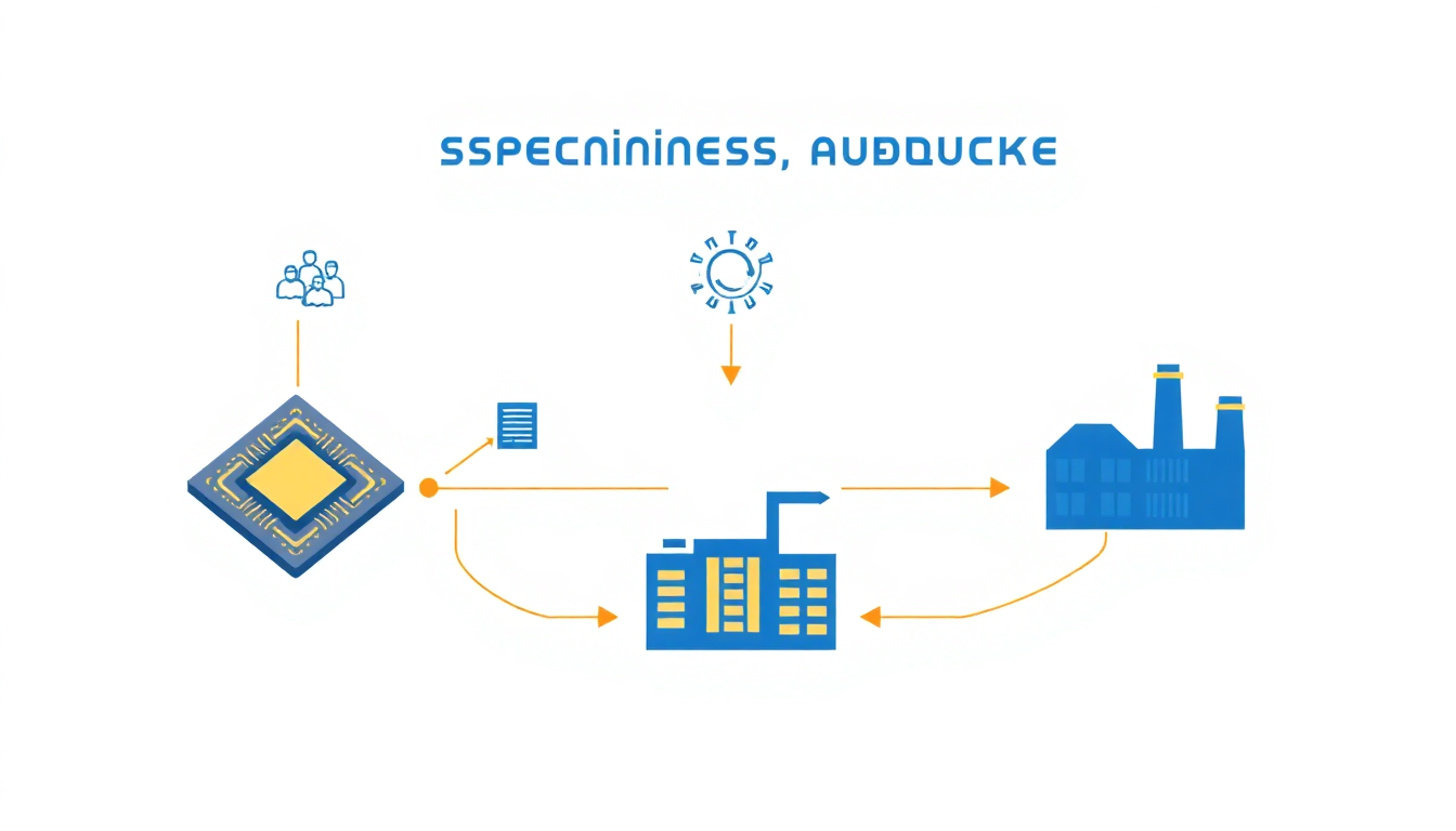 반도체 기업의 비즈니스 모델과 공급망 흐름을 현대적이고 깨끗한 스타일로 표현한 이미지