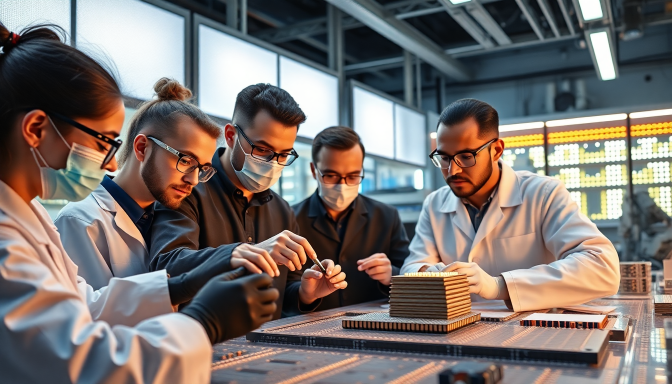 최첨단 연구소에서 MLCC 시제품과 함께 협업하는 연구원들 모습