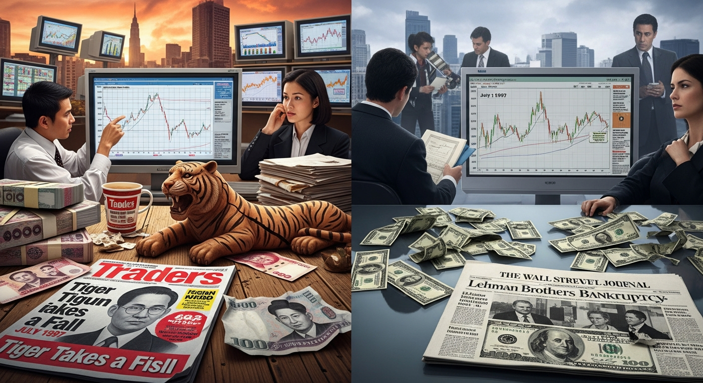 역사적 금융 위기와 환율 급변동을 묘사한 이미지