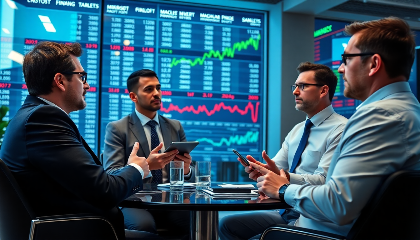 월스트리트 금융 분석가들이 마이크로소프트 주가 전망과 목표 주가 차트를 논의하는 모습