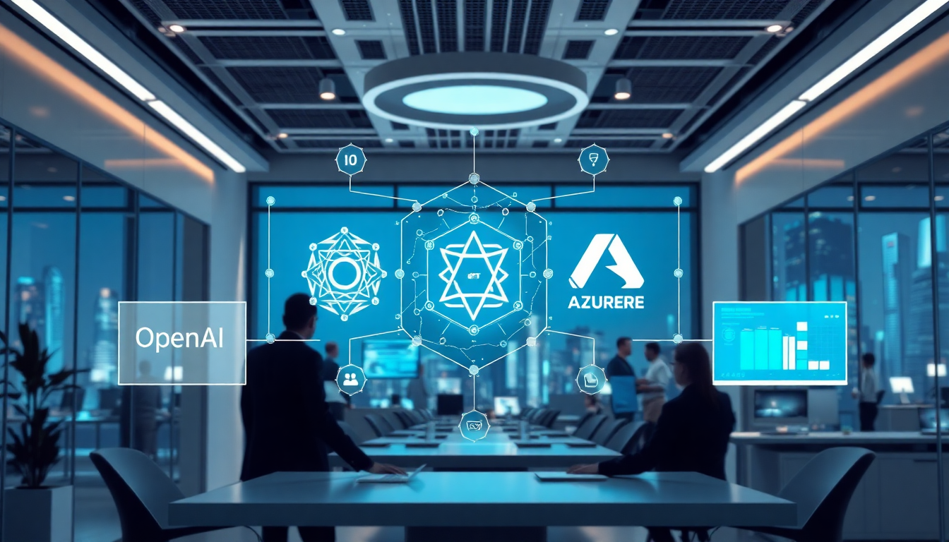 오픈AI와 애저가 협력하는 AI 통합을 보여주는 미래지향적 비즈니스 환경 이미지