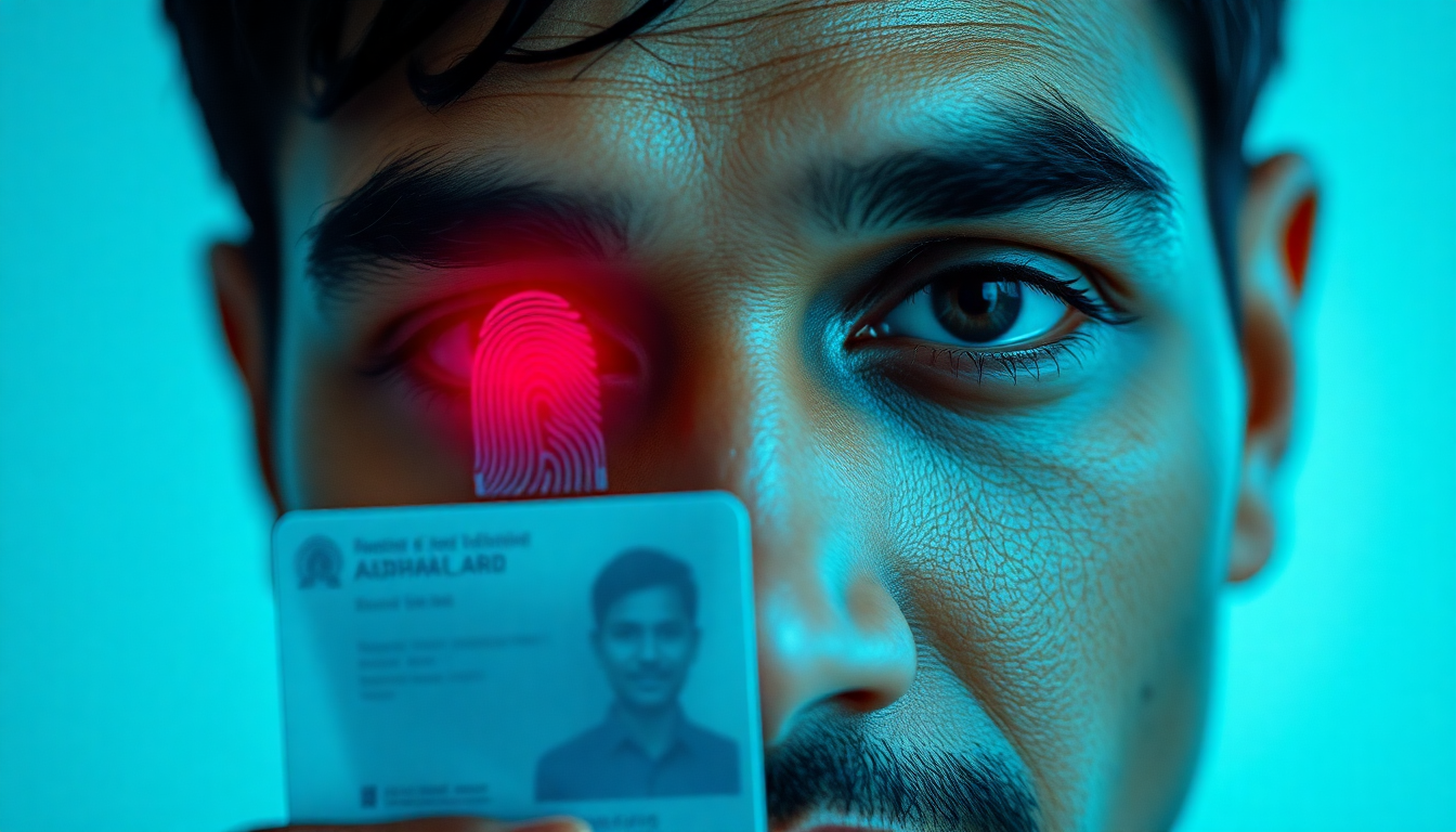 홍채와 지문 인식 생체인식 신분증 Aadhaar를 사용하는 인도 시민의 모습