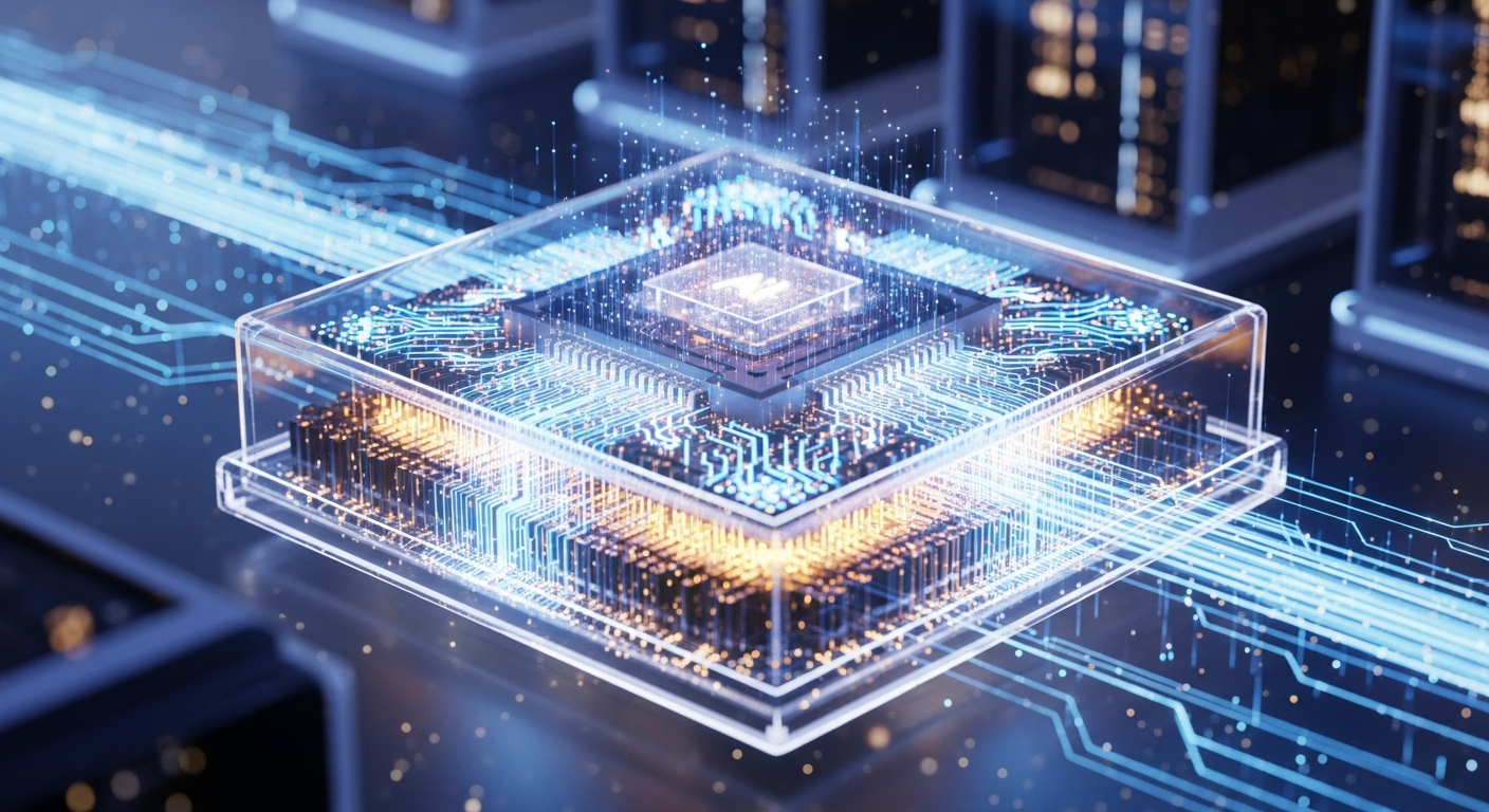 미래 AI 메모리와 프로세서 통합 및 PIM 기술을 상징하는 미래지향적 하드웨어 이미지