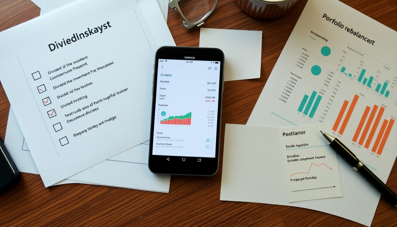 배당 투자 체크리스트, 증권사 앱, 배당금 재투자 및 포트폴리오 리밸런싱 관련 문서가 놓인 투자자 작업 공간