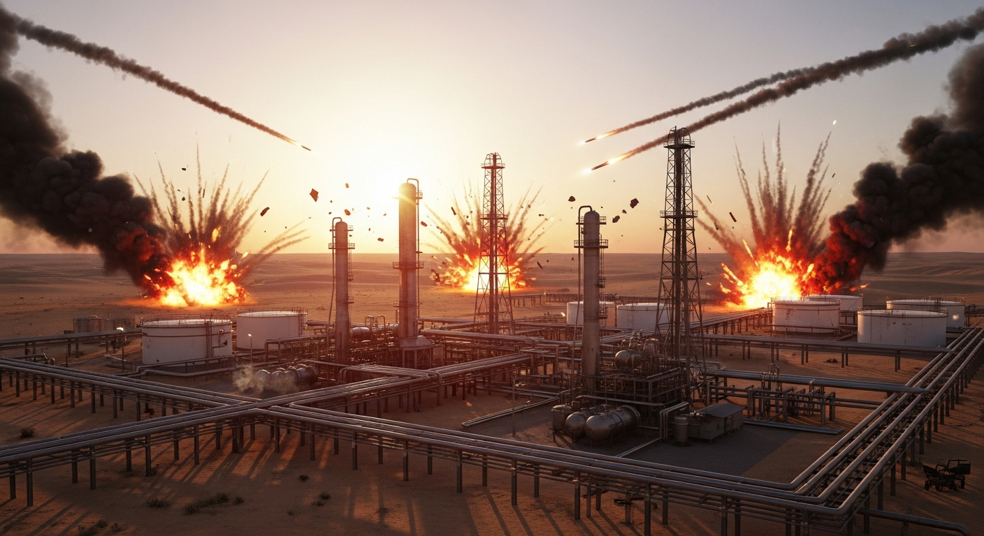 중동 지역 갈등 속 석유 및 가스 시설이 공격받는 모습