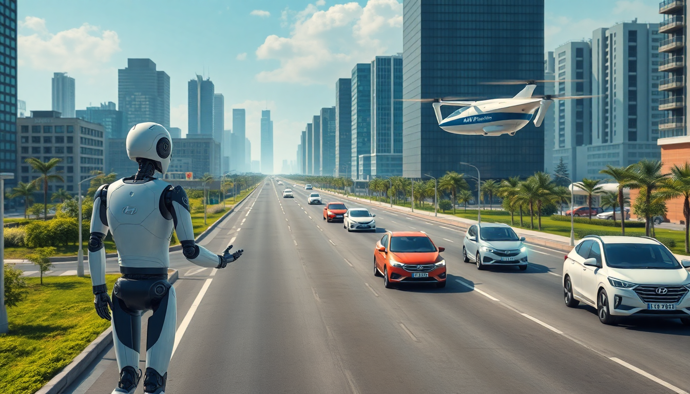 현대차 휴머노이드 로봇과 자율주행차, UAM이 조화롭게 공존하는 미래 도시와 지속 가능한 성장 비전을 담은 이미지