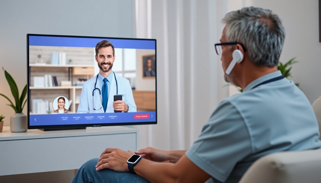 재택에서 원격진료 웨어러블 기기를 착용하고 화상진료 플랫폼과 연결된 모습