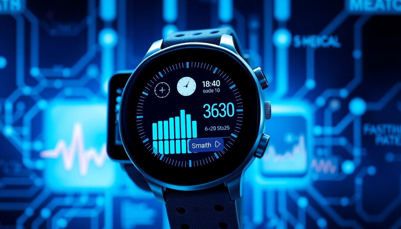 원격진료 웨어러블 솔루션을 보여주는 스마트워치, 혈당 모니터링 패치, 스마트 의류가 포함된 고화질 의료 기기 이미지