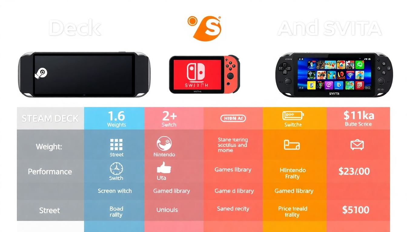 스팀 덱, 닌텐도 스위치, PS 비타의 장단점을 한눈에 보여주는 인포그래픽