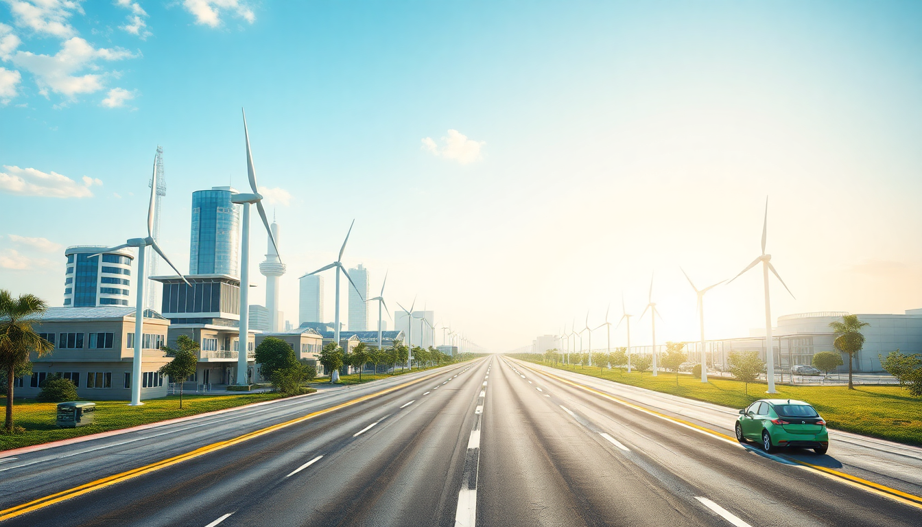 향후 3~5년간 지속 가능한 성장과 에너지 전환을 상징하는 미래 도시 풍경