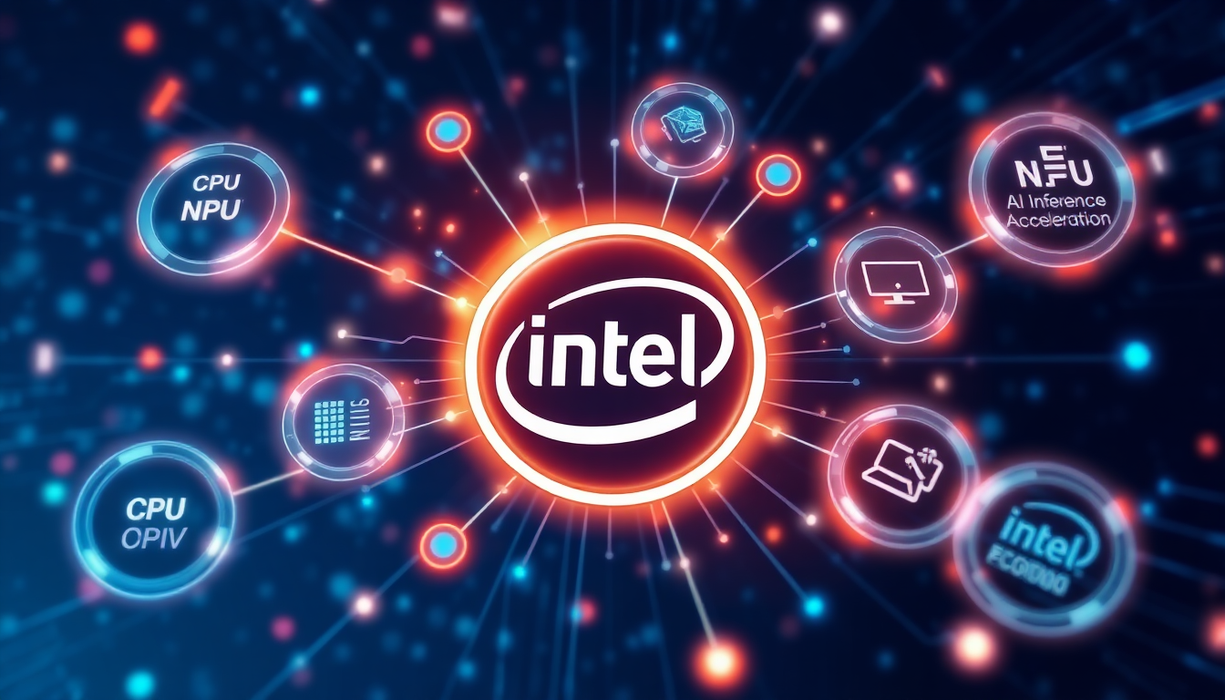 인텔과 AI 인프라 시장 트렌드가 상호작용하는 역동적이고 미래지향적인 비주얼