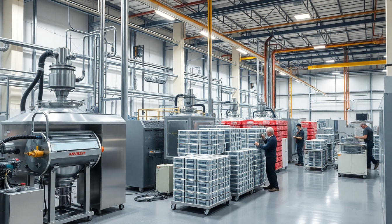 2차전지 제조 장비 공정과 생산 현장, 믹싱부터 충방전 장비까지 포함된 공장 이미지