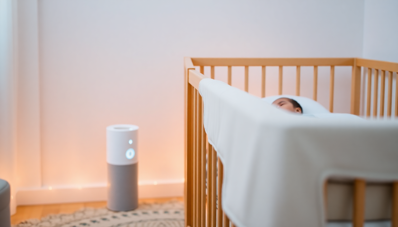 아기 침대 옆에 저소음 공기청정기가 놓여 아기의 쾌적한 수면 환경을 표현한 아기방 풍경