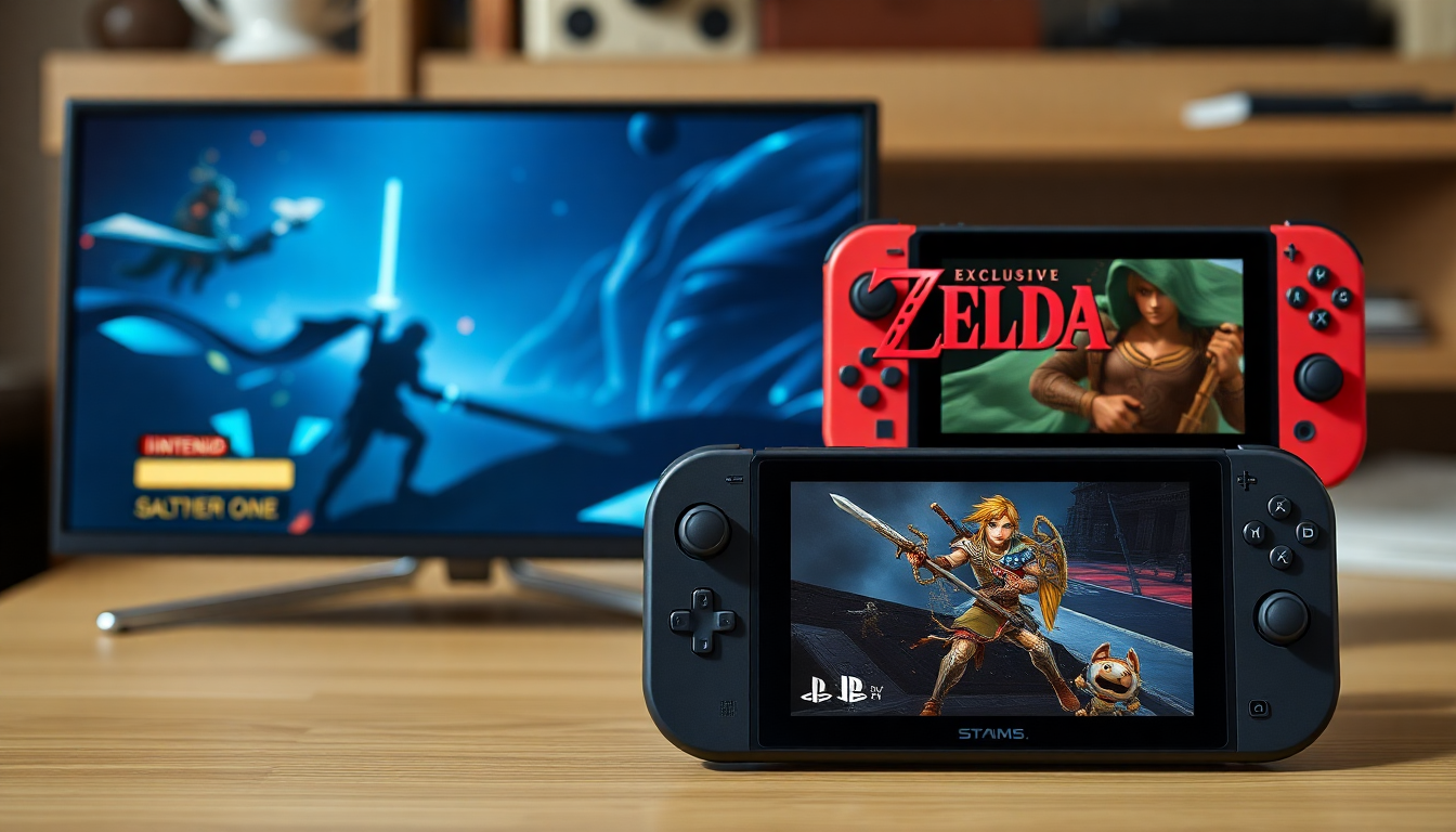 스팀 덱에서 사이버펑크 2077, 닌텐도 스위치에서 젤다의 전설, PS 비타에서 플레이스테이션 게임을 하는 게임 플레이 화면