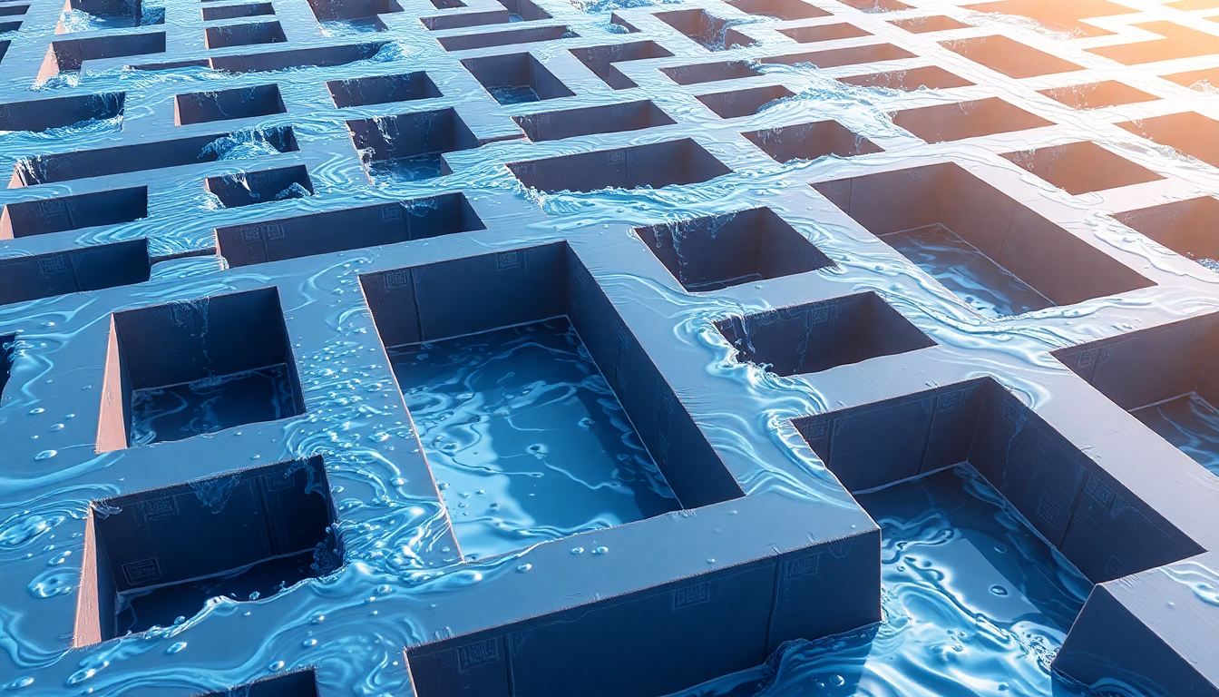 미로에 물이 가득 차 모든 경로를 동시에 탐색하는 모습을 실사 스타일로 표현한 이미지