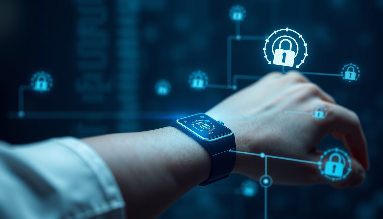 원격진료 웨어러블 기기에서 데이터 암호화와 개인정보보호를 나타내는 이미지