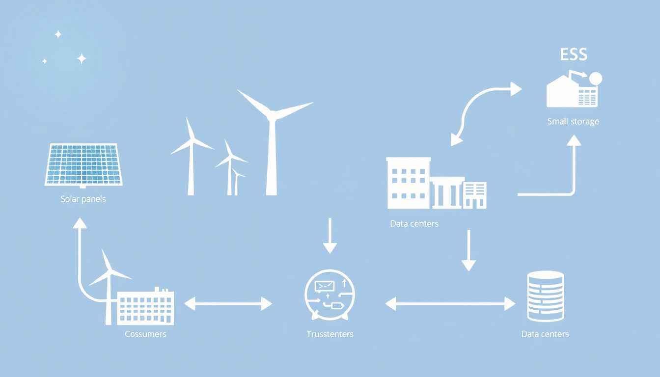 신재생에너지 기업의 핵심 비즈니스 흐름을 보여주는 현대적이고 깨끗한 인포그래픽 이미지