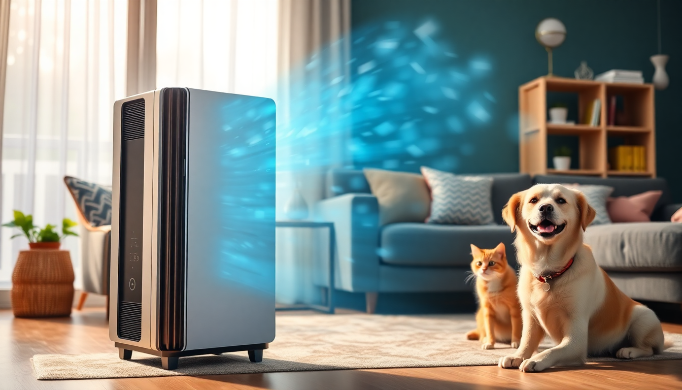 반려동물이 있는 거실에 특화된 펫 전용 공기청정기가 놓여 반려동물의 털과 냄새를 효과적으로 관리하는 장면
