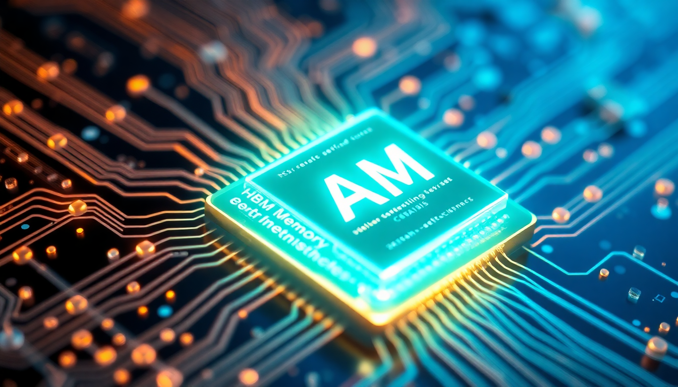 AI 반도체 기술과 여러 층으로 쌓인 HBM 메모리 구조를 상징하는 발광 회로 칩 이미지