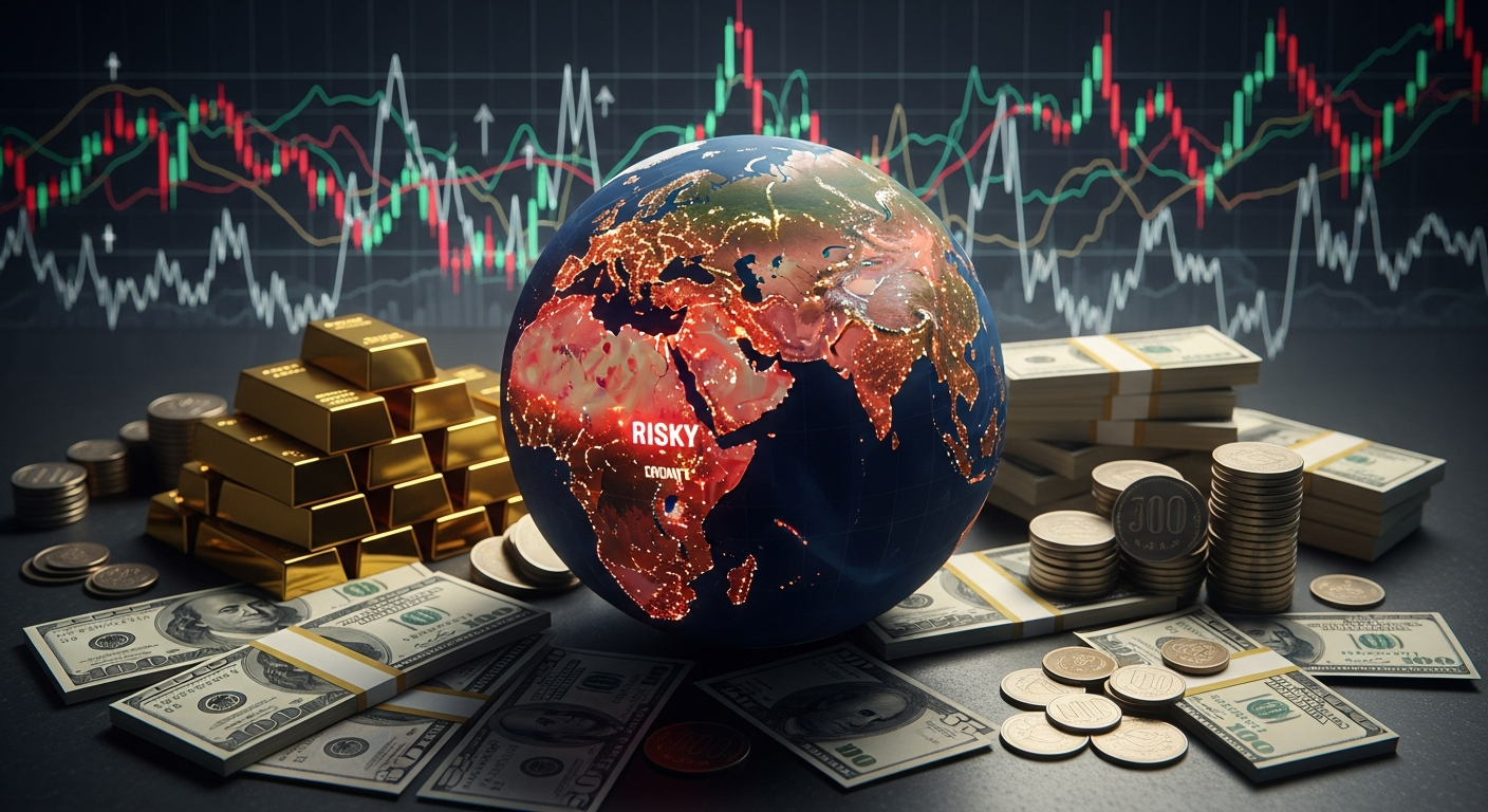 지정학적 리스크와 금융 불확실성이 환율 변동성에 미치는 영향을 표현한 이미지