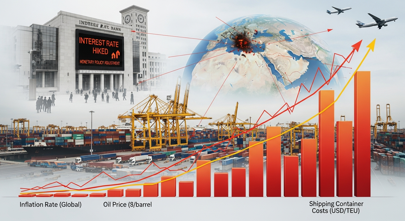 중동 분쟁이 경제에 미치는 영향과 인플레이션 및 물류비 상승을 보여주는 이미지