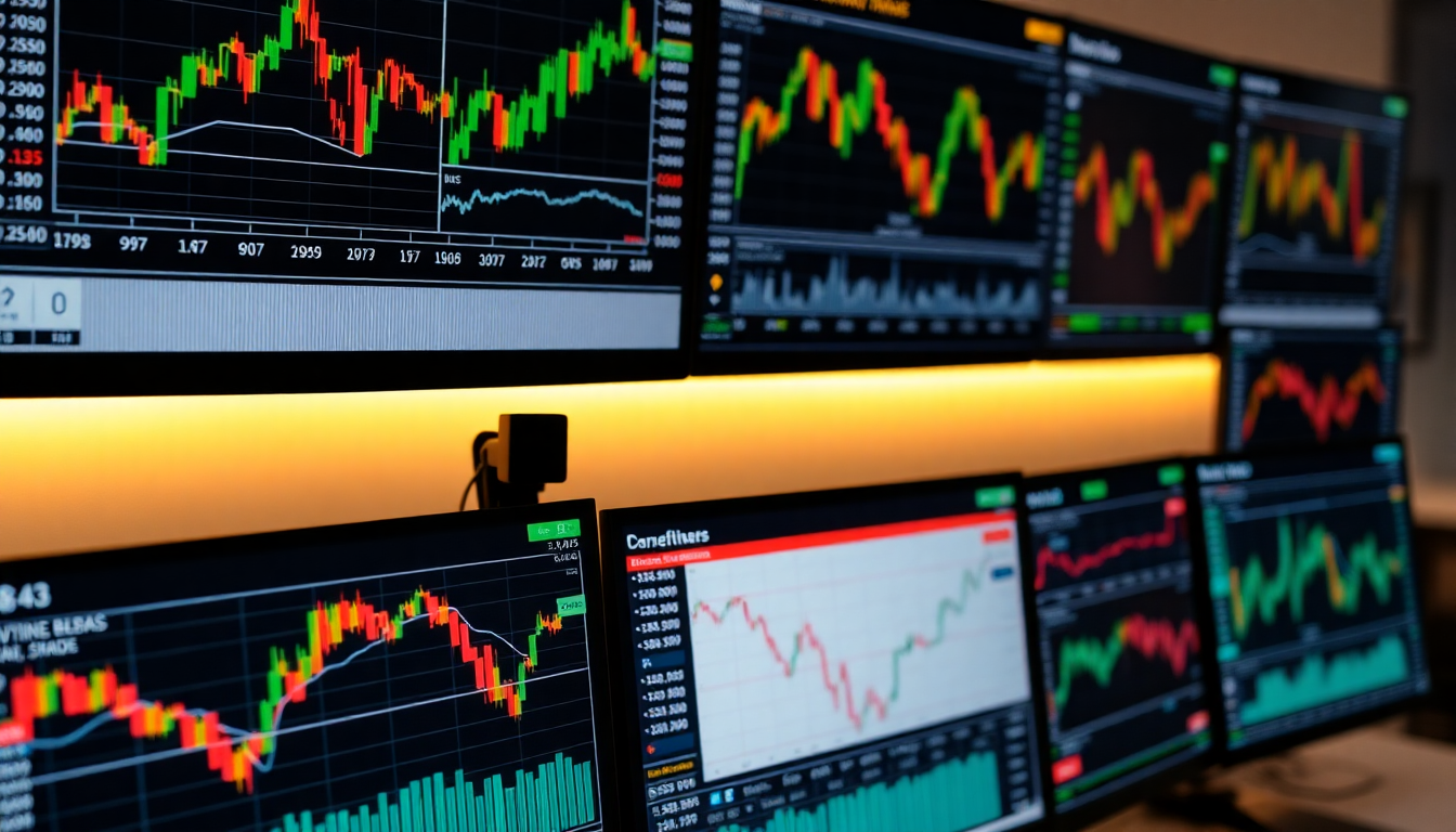 전문 트레이딩 사무실에서 여러 컴퓨터 화면에 배당 ETF 차트와 자산 요약 정보가 표시된 모습