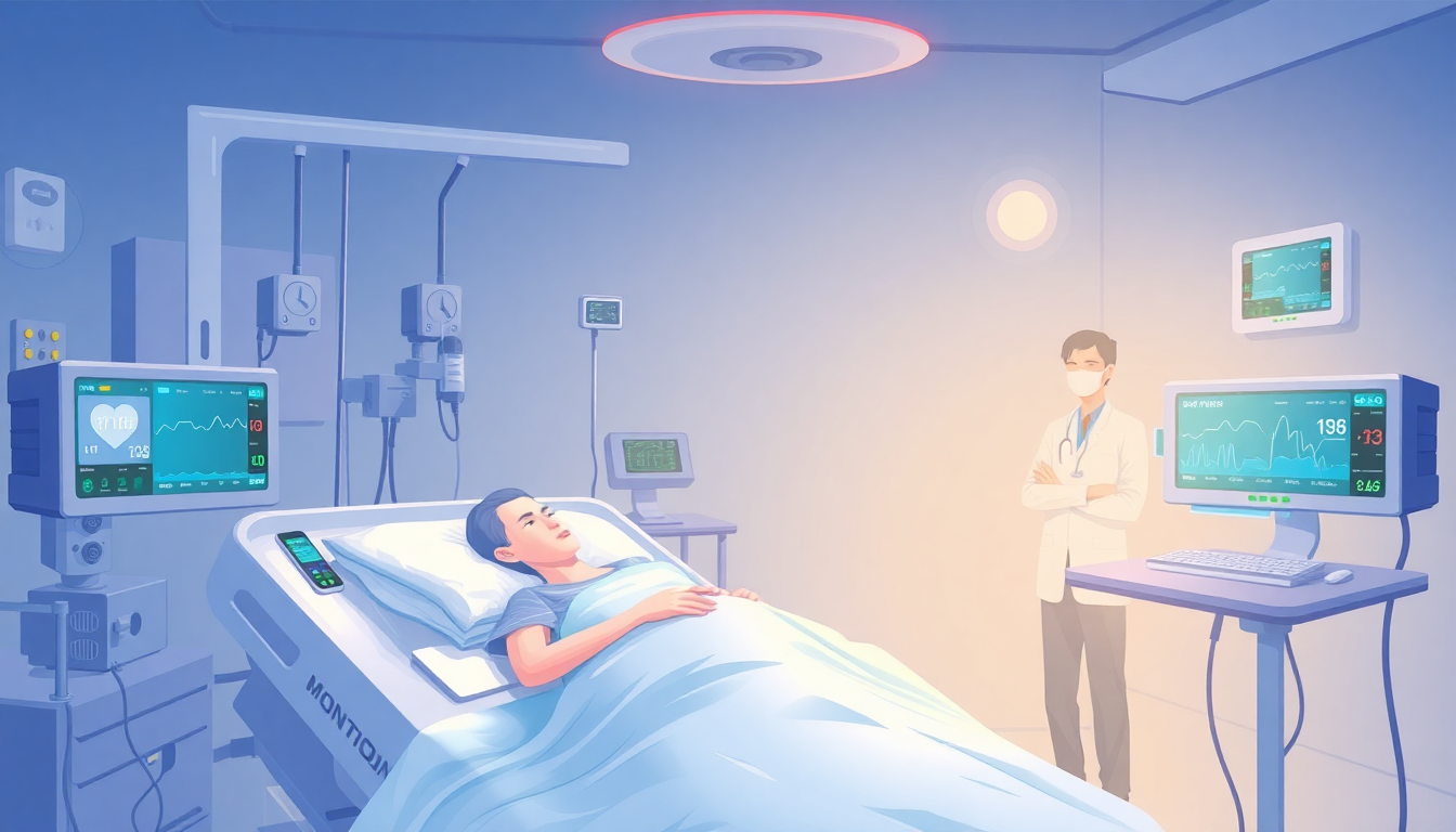 중환자실에서 웨어러블 원격 모니터링 장치가 환자 생체 데이터를 실시간으로 추적하는 모습