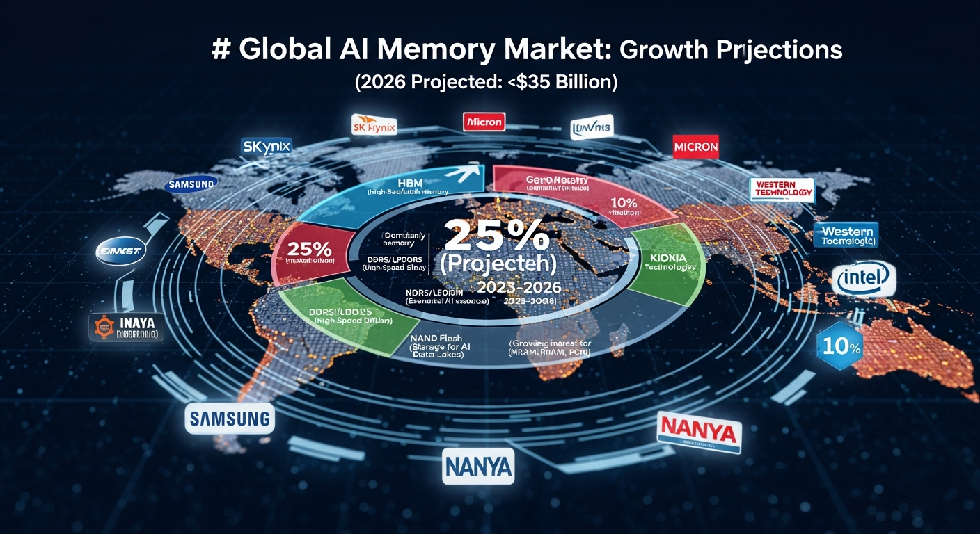 2026년 글로벌 AI 메모리 시장 성장 및 주요 제조사 점유율을 나타낸 그래픽 이미지